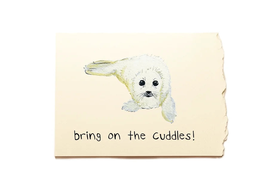 Note with a dog illustration and text 'bring on the cuddles!' on a beige background