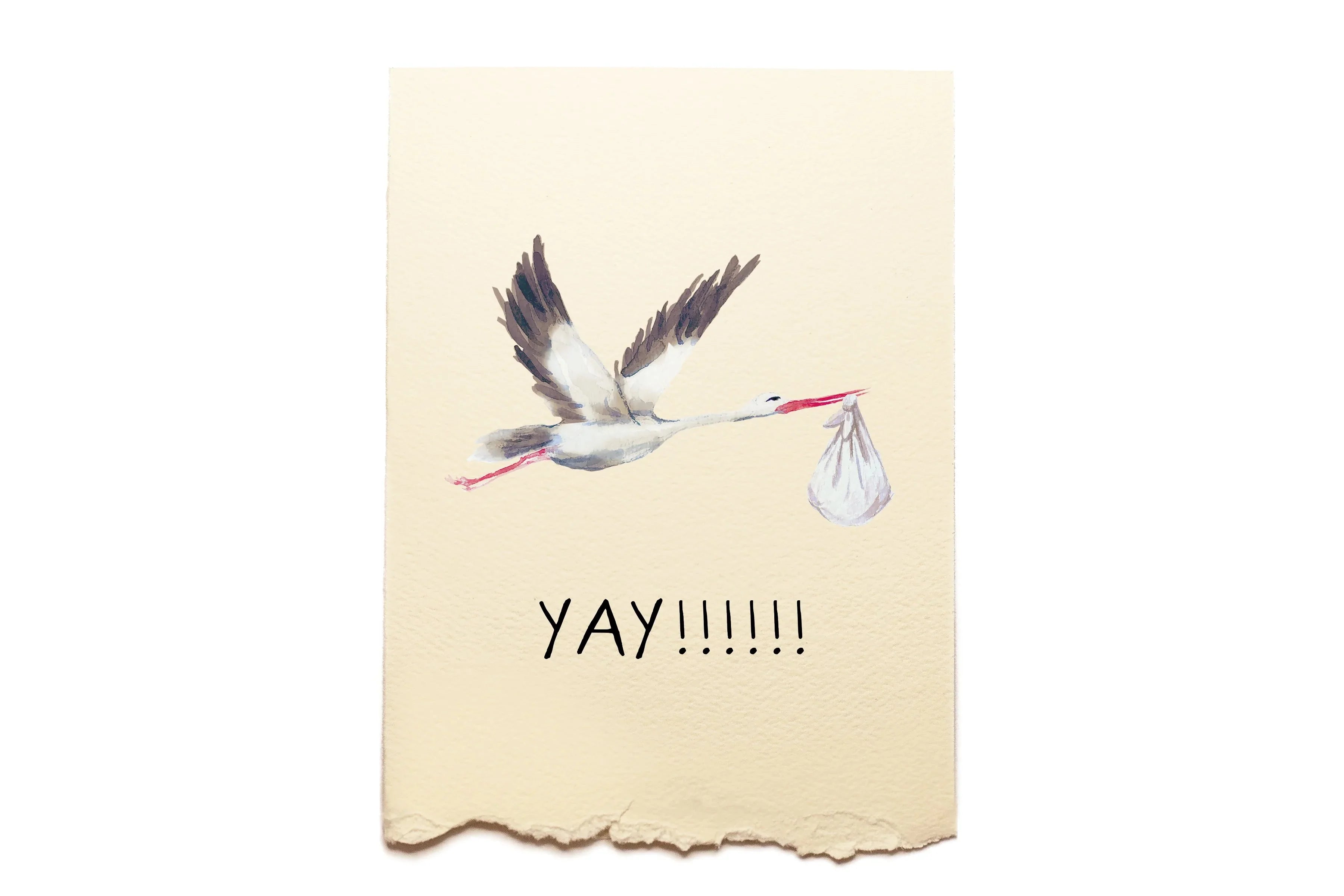 Stork carrying a baby with 'YAY!!!!!!' text on a beige background