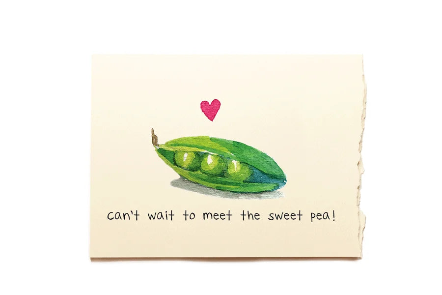 Card with a drawing of a green pea pod with two peas and a heart, with text 'Can't wait to meet the sweet pea!' on a beige background.