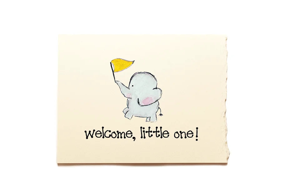 Card with an illustration of a baby elephant holding a yellow flag and the text 'Welcome, little one!' on a beige background.