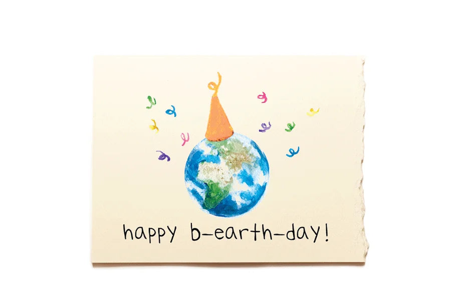 Card with a globe wearing a party hat and confetti, with 'happy b-earth-day!' text on a beige background.