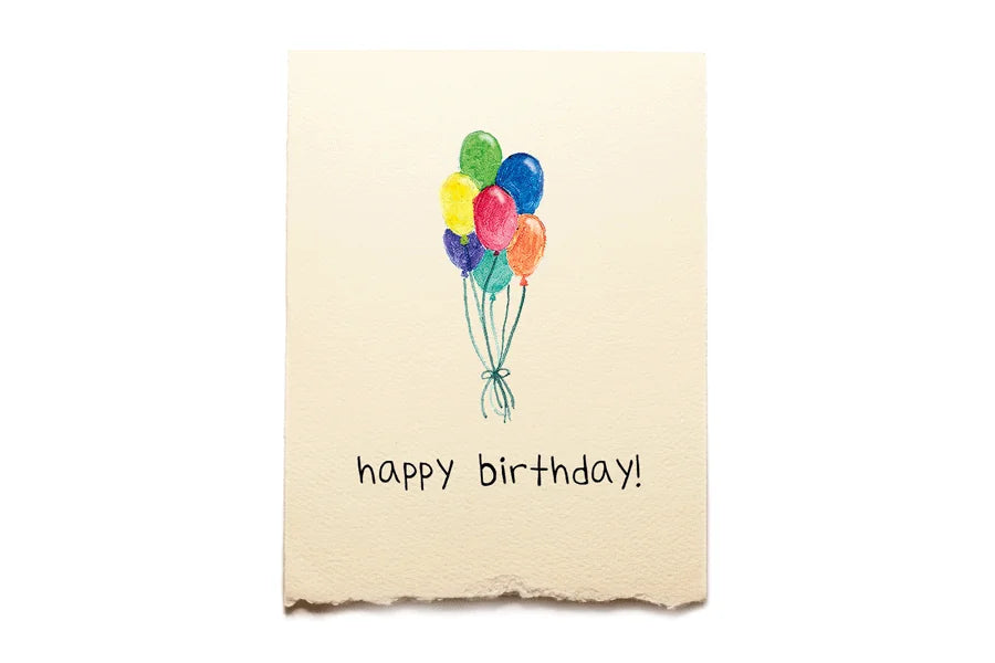Birthday card with colorful balloons and 'happy birthday!' text on a beige background
