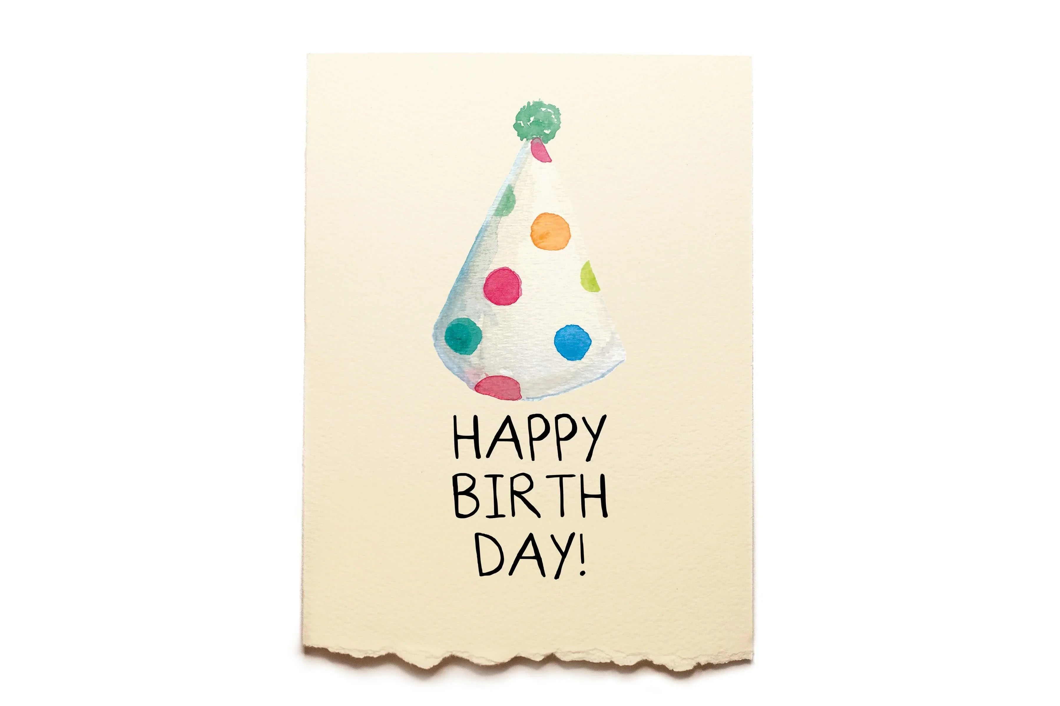Birthday card with a colorful party hat and 'Happy Birthday!' text on a beige background