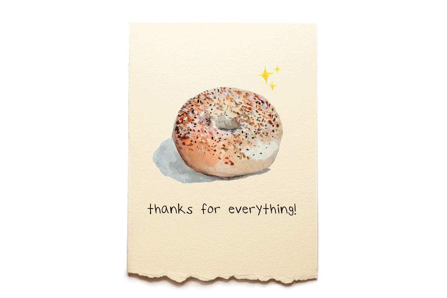 Card with a bagel illustration and 'thanks for everything!' text on a beige background