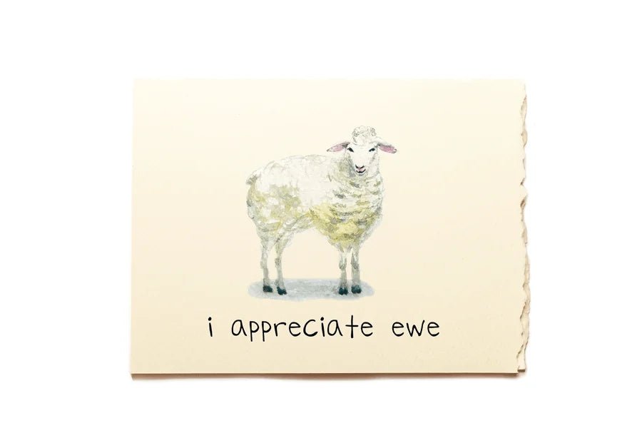 Note card with a sheep illustration and text 'i appreciate ewe' on a beige background