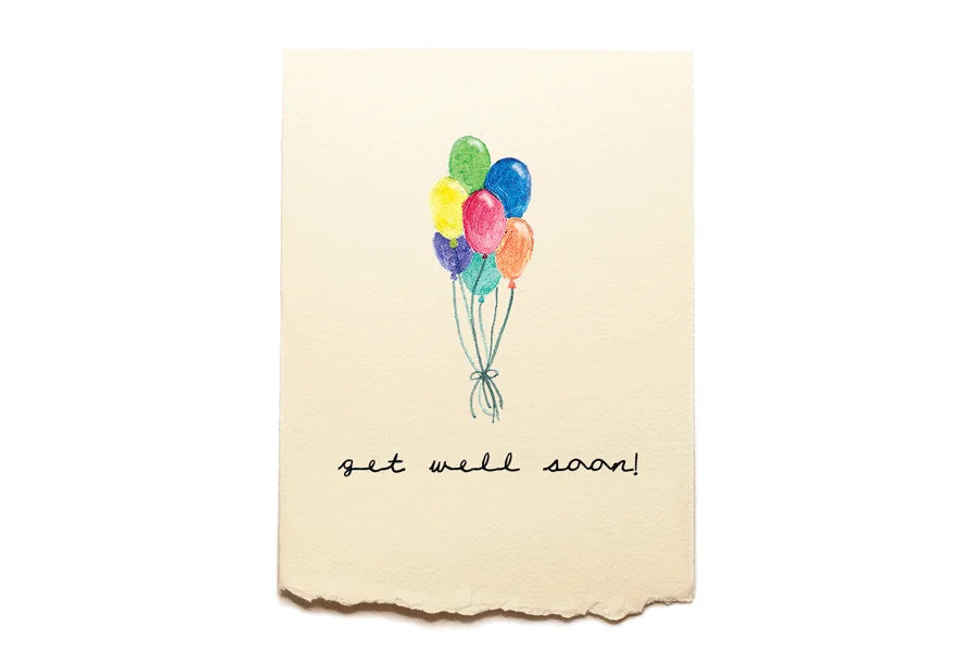 Card with colorful balloons and 'get well soon!' text on a beige background