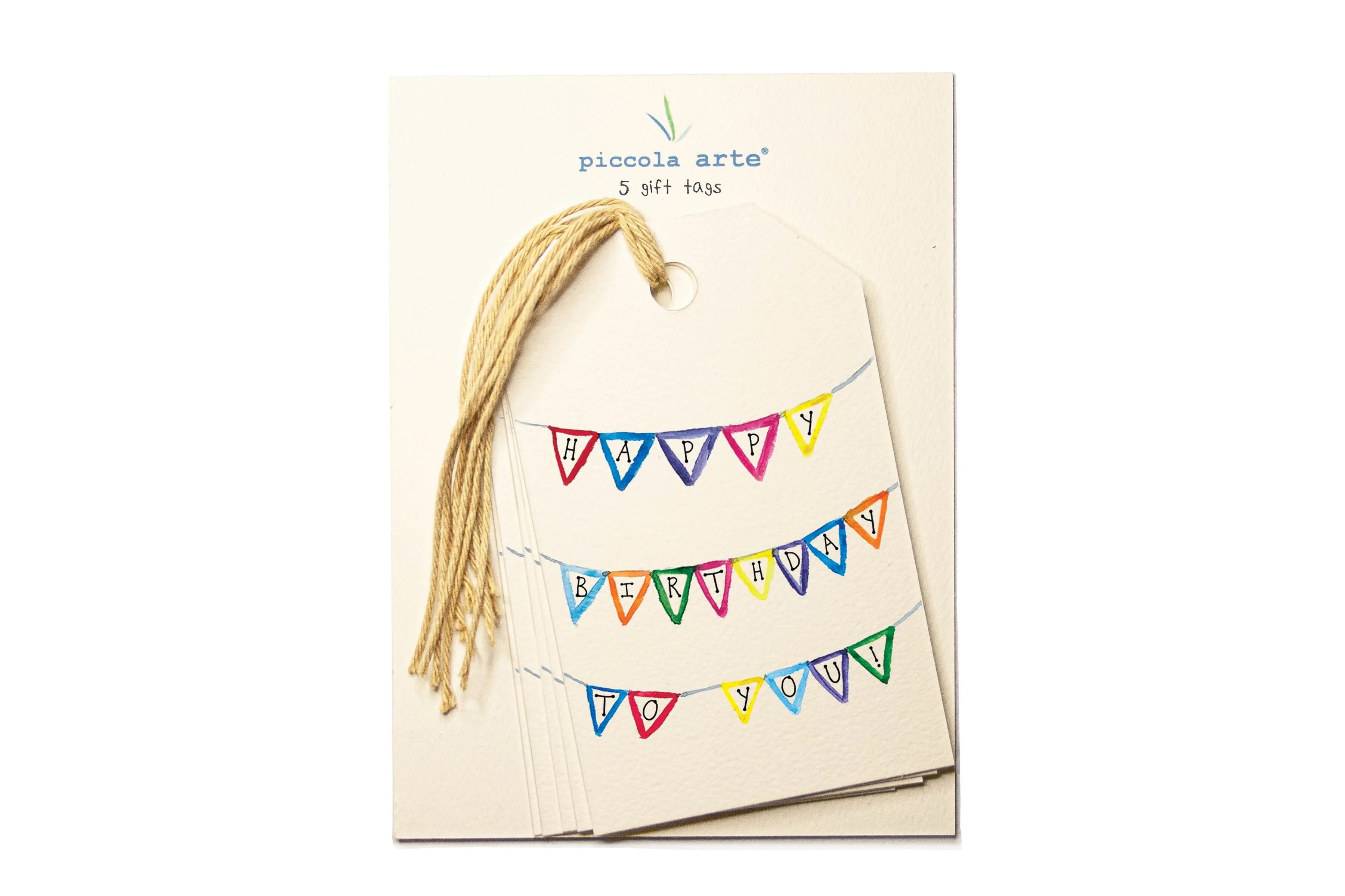 Pack of tags of Piccola Arte gift tags with colorful 'Happy Birthday' banner design.