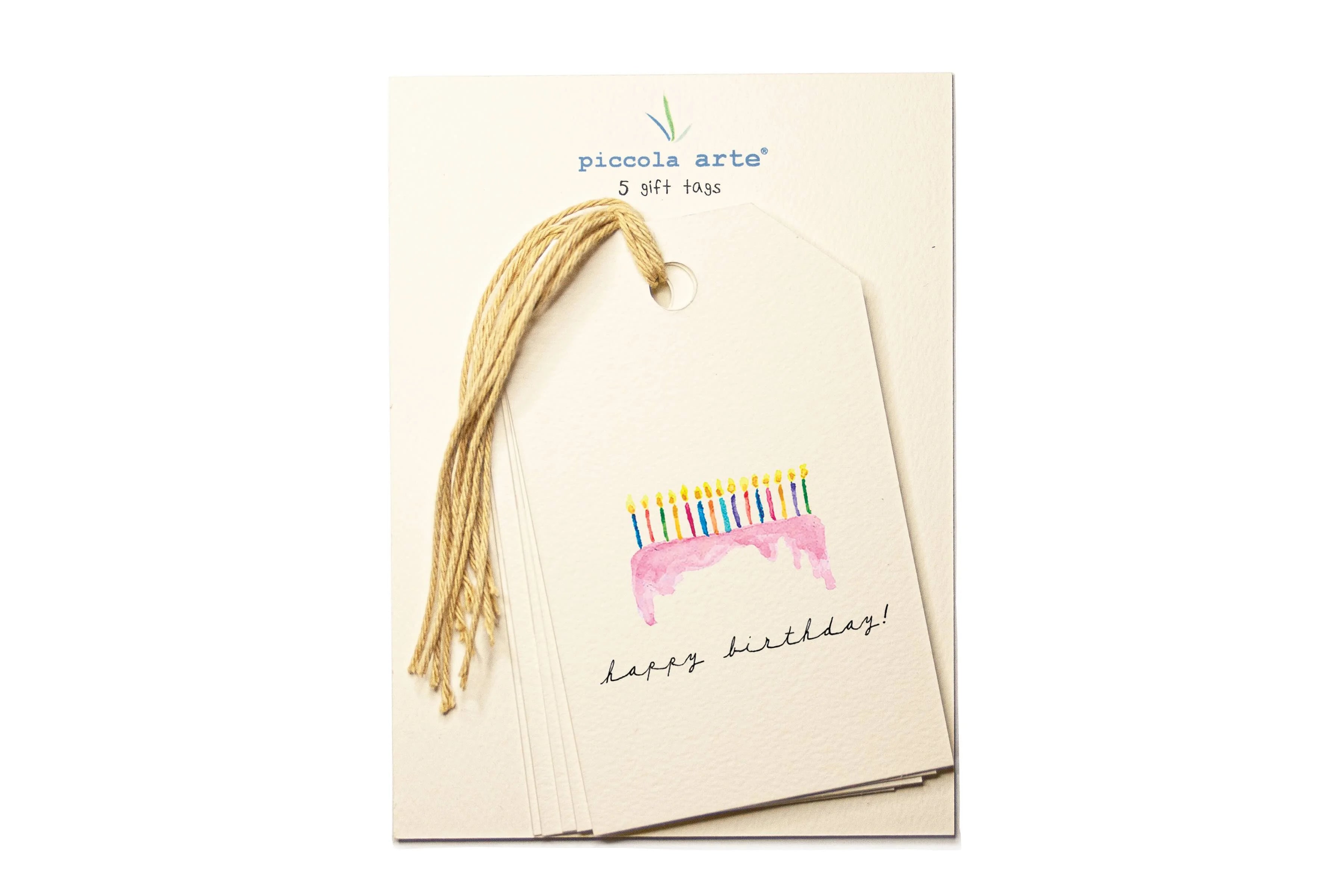 Pack of gift tags with a birthday design on a beige card, featuring the brand 'Piccola Arte'.