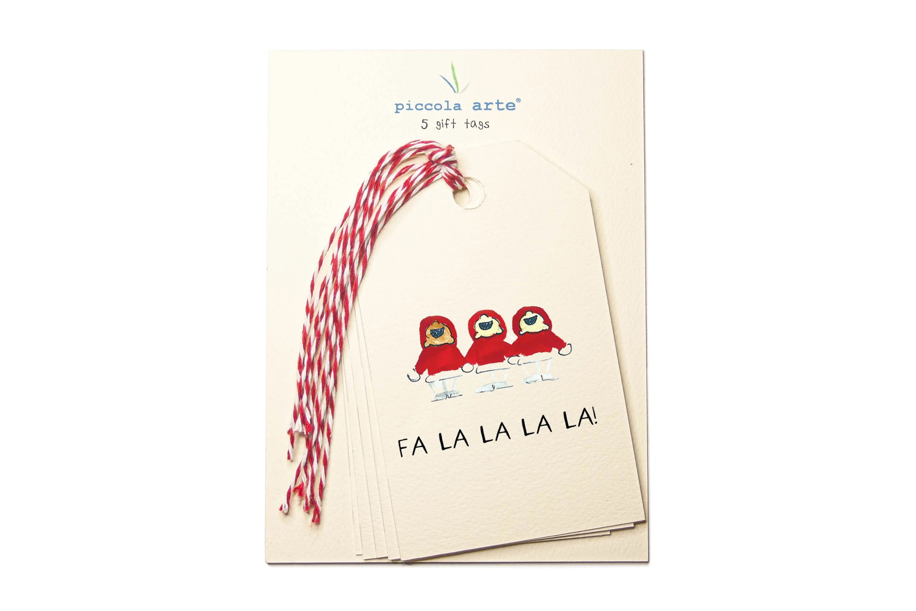 Pack of tags with red birds and festive text on a beige background