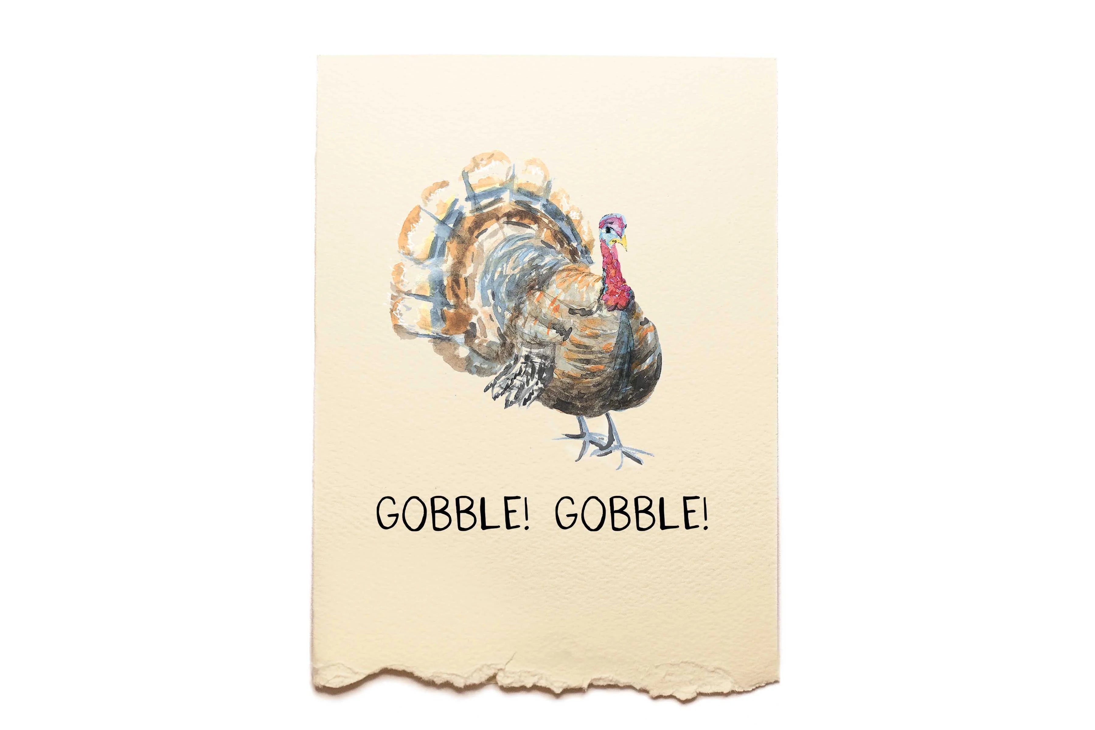 Card with a turkey illustration and 'Gobble! Gobble!' text on a beige background