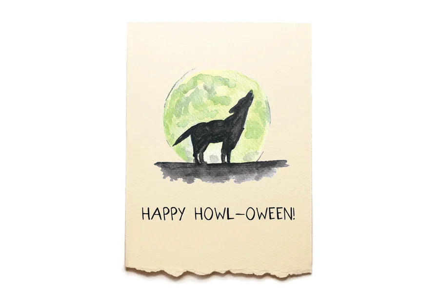 Card with a wolf howling at a green moon and 'Happy Howl-oween!' text on a beige background