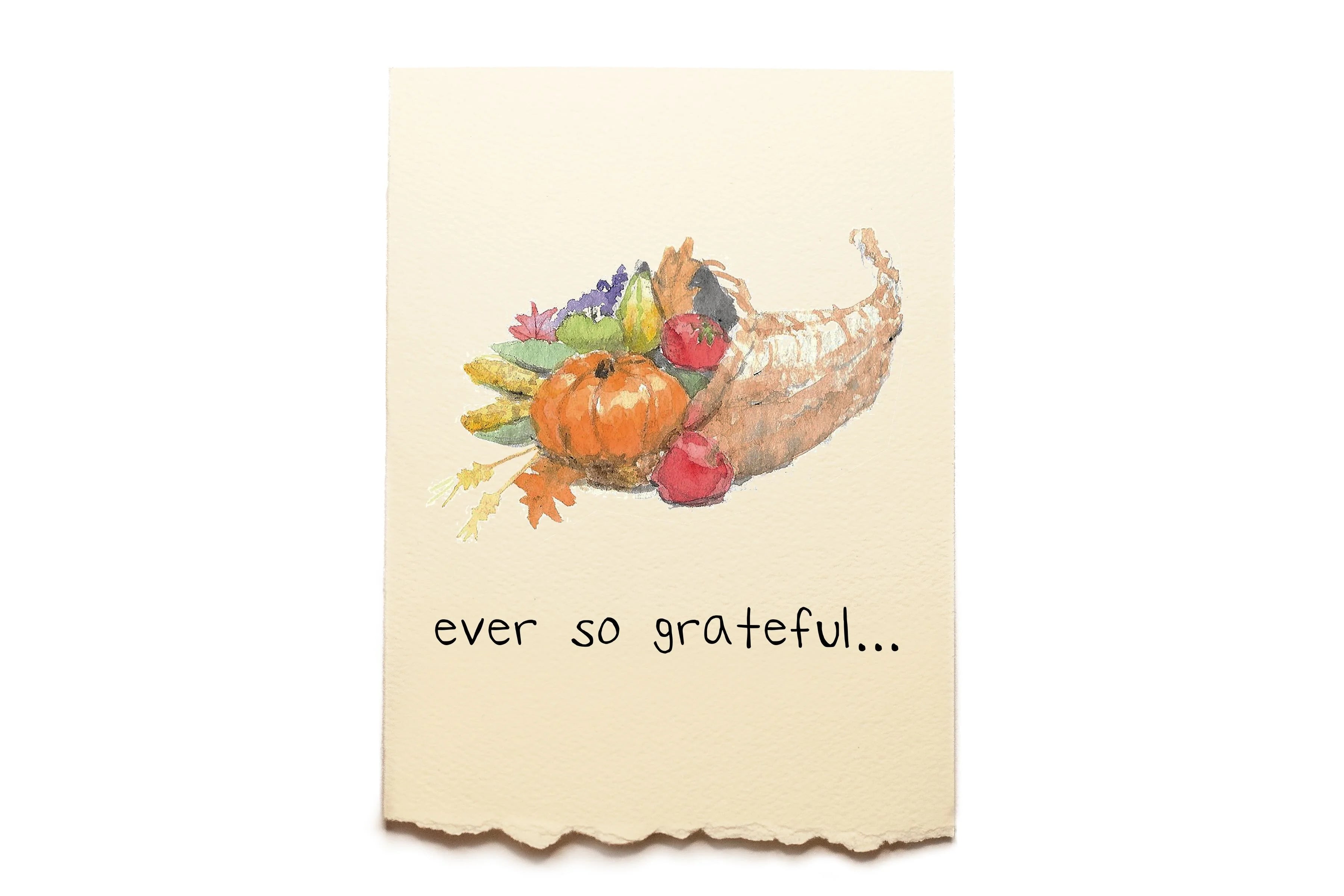 Card with a cornucopia illustration and 'ever so grateful...' text on a beige background