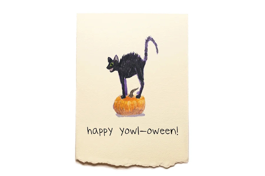 Halloween-themed card with a black cat on a pumpkin and 'happy yowl-oween!' text.