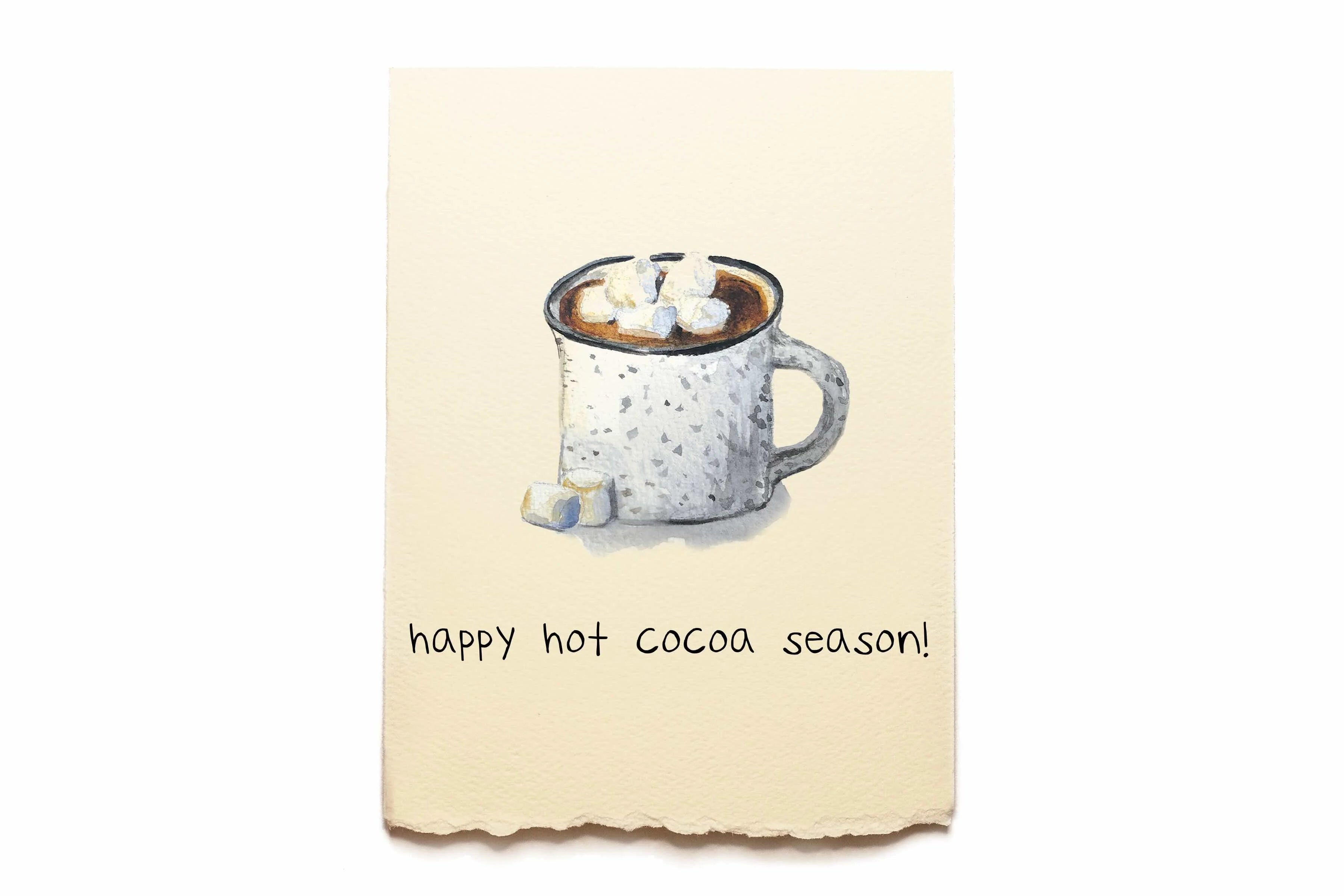 Greeting Card with a mug of hot cocoa and marshmallows on a beige background