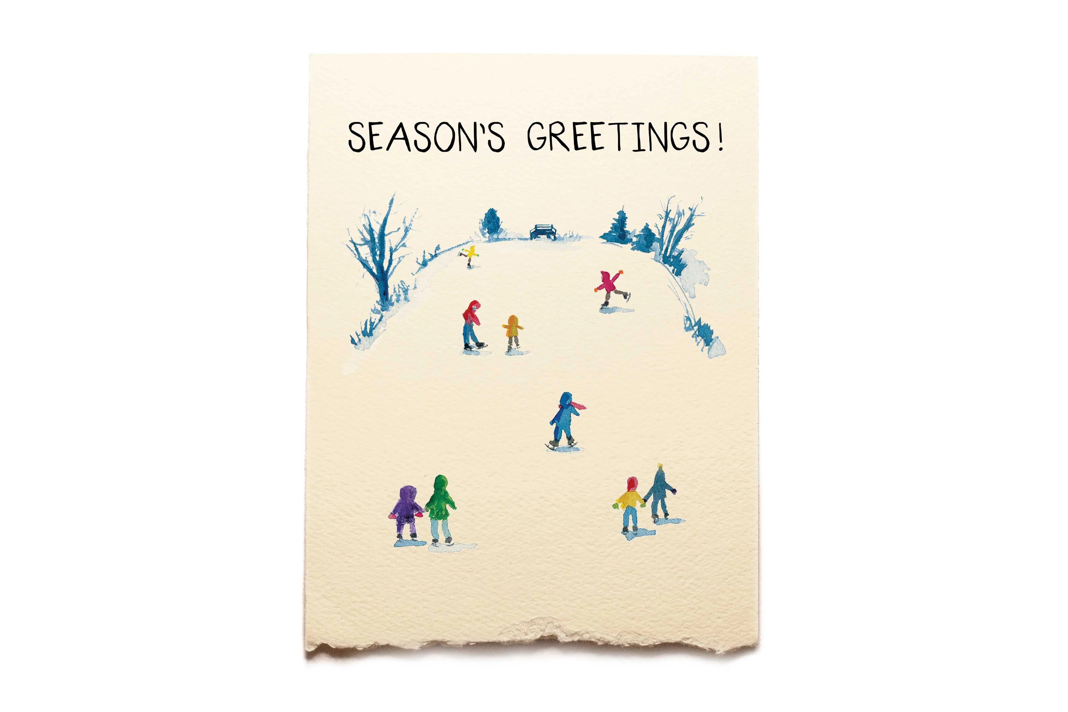 Season's Greetings card with illustrations of people skating and walking around a snowy landscape.