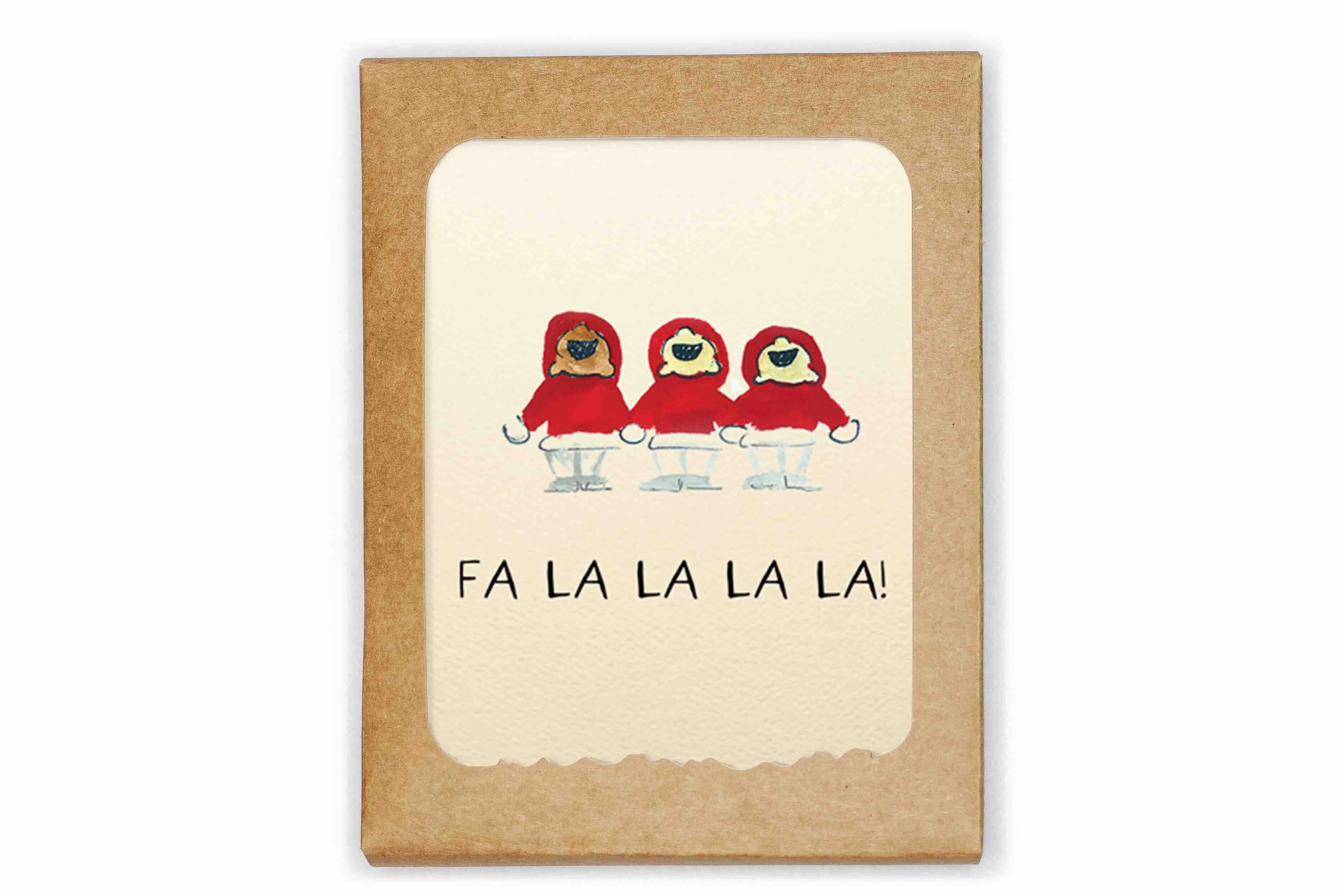 Card with three cartoon characters in red hats and snow boots, with 'FA LA LA LA LA!' text, on a kraft paper background.