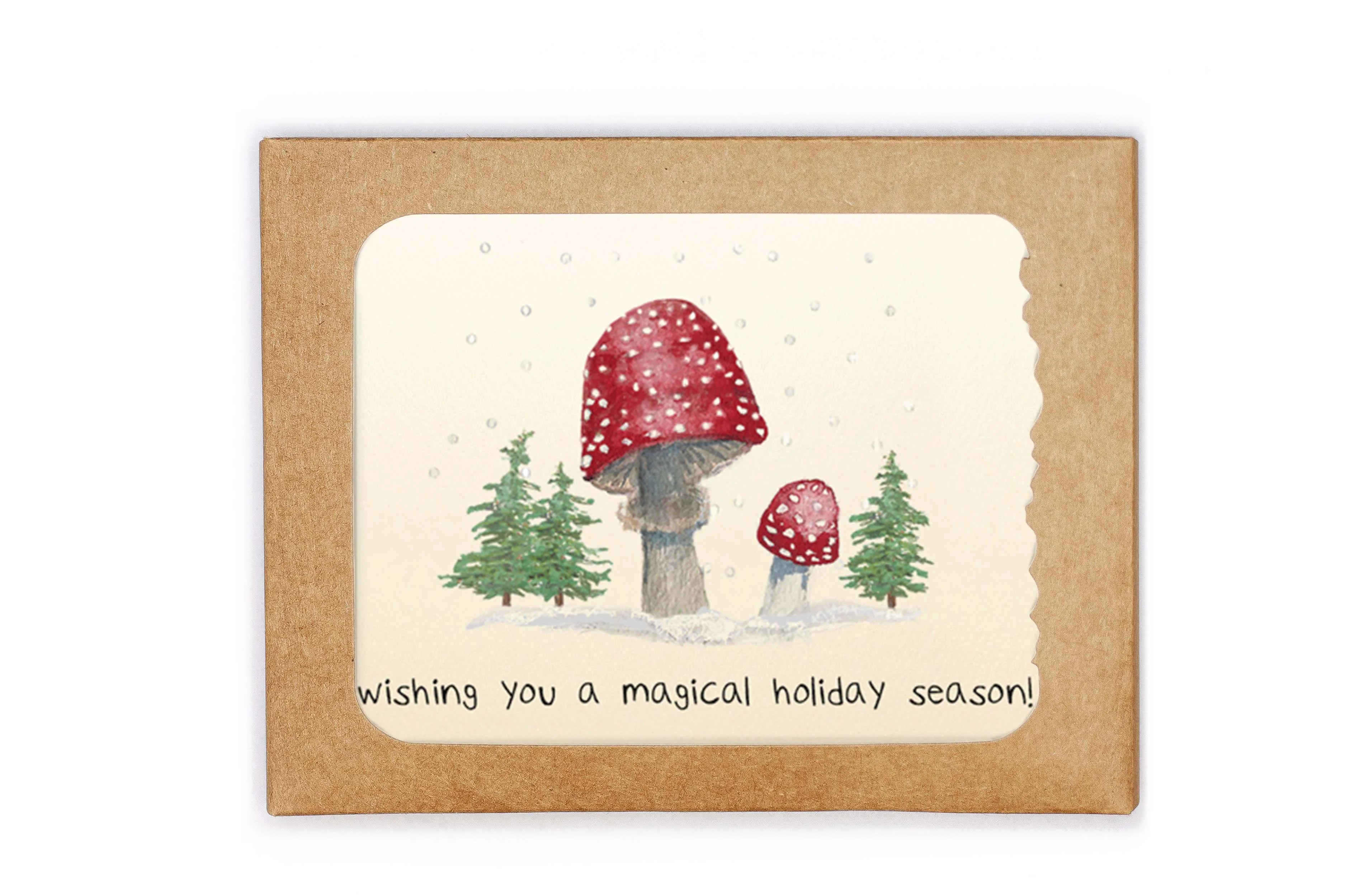 Greeting card with mushrooms and trees on a kraft paper background