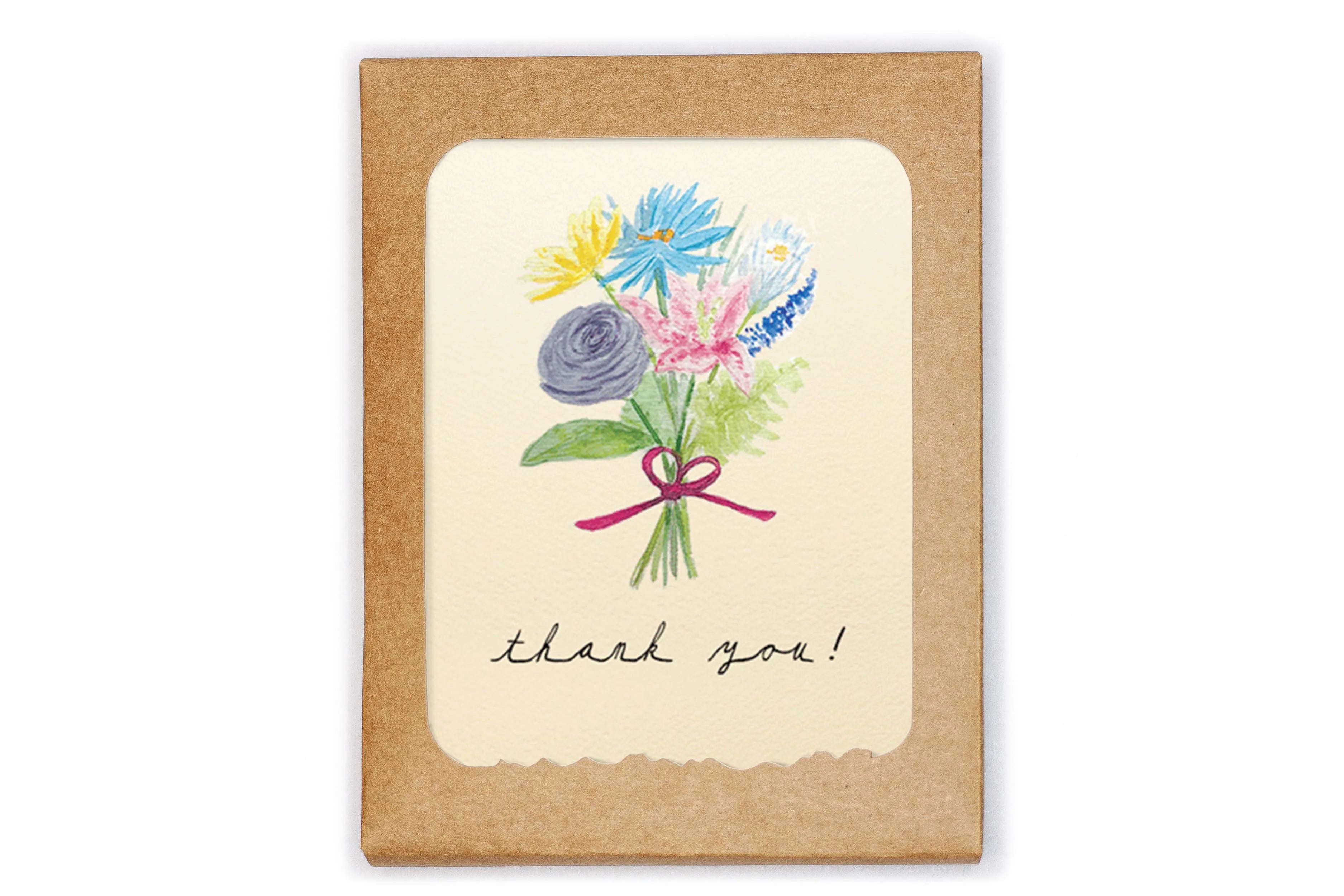 Card with floral design and 'thank you!' text on a white background