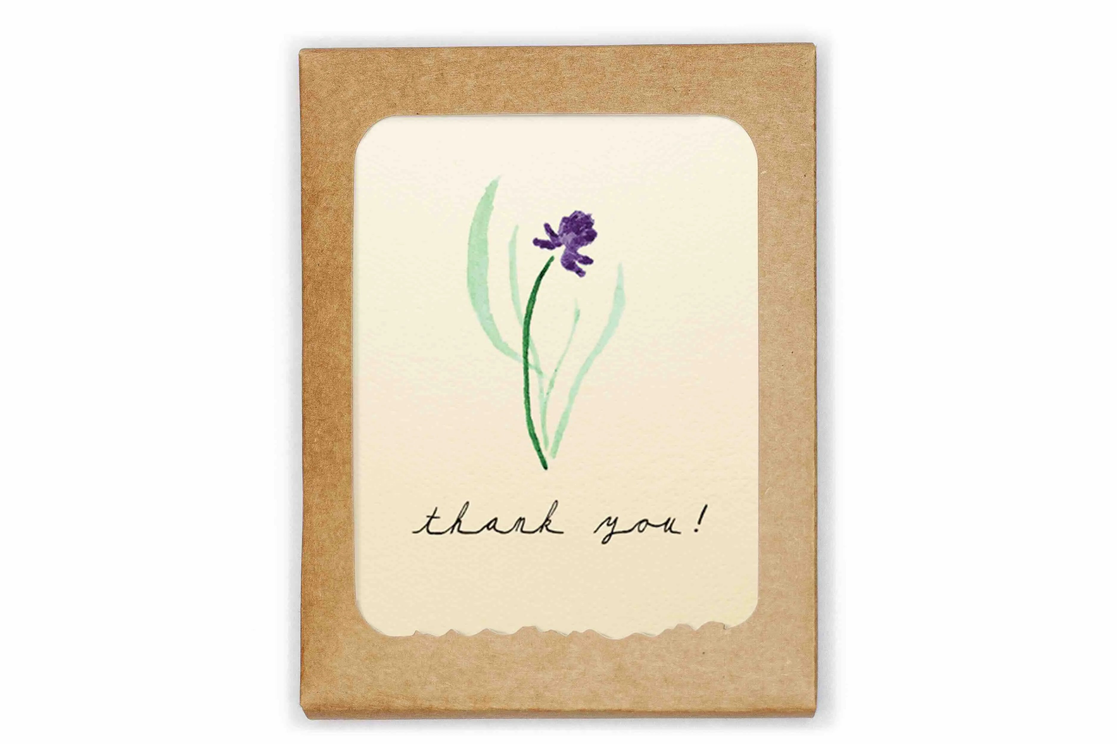 Card with a purple flower illustration and 'thank you!' text on a beige background