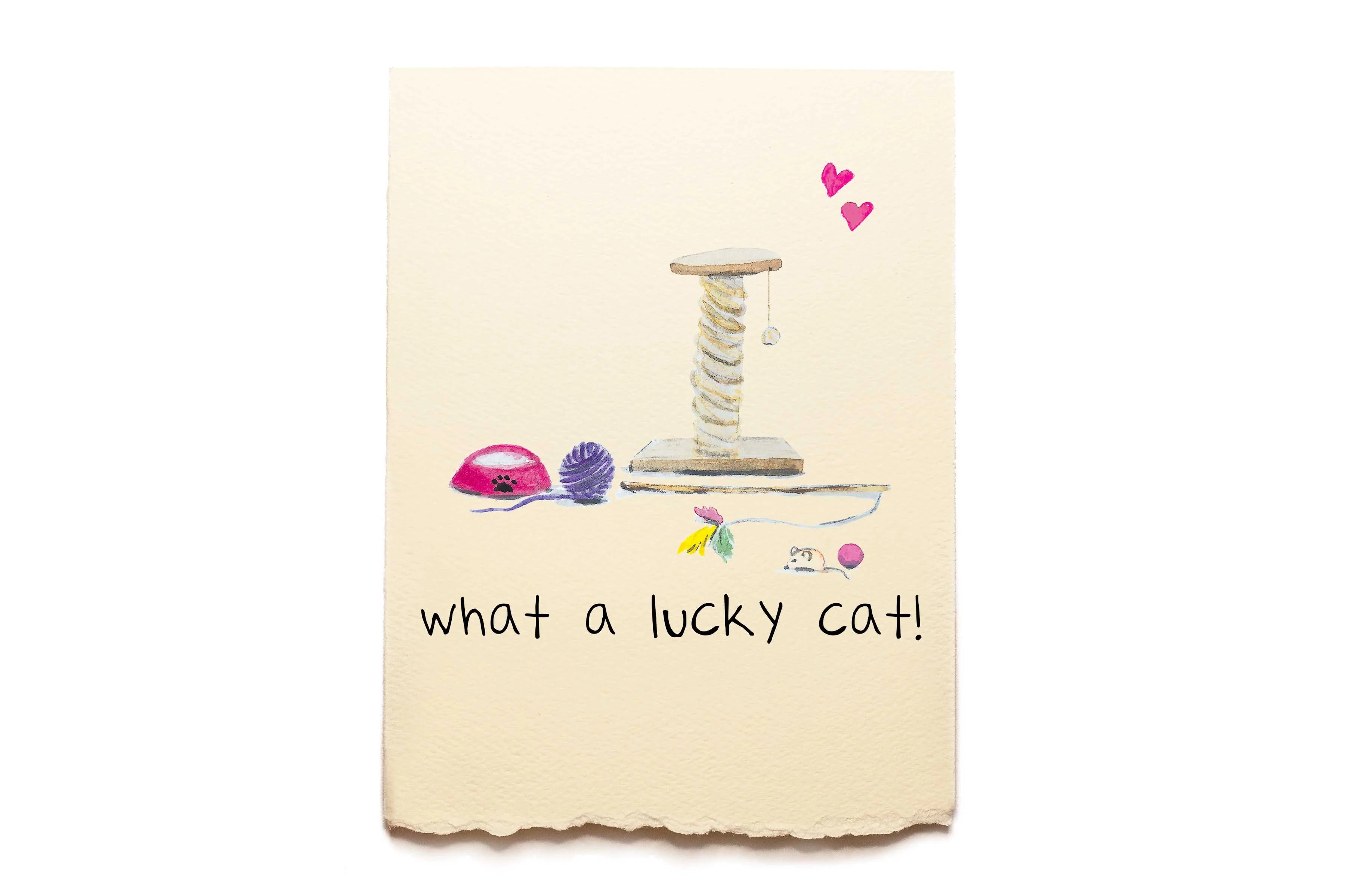 Card with illustrations of a cat toy and a mouse, with text 'what a lucky cat!' on a beige background.
