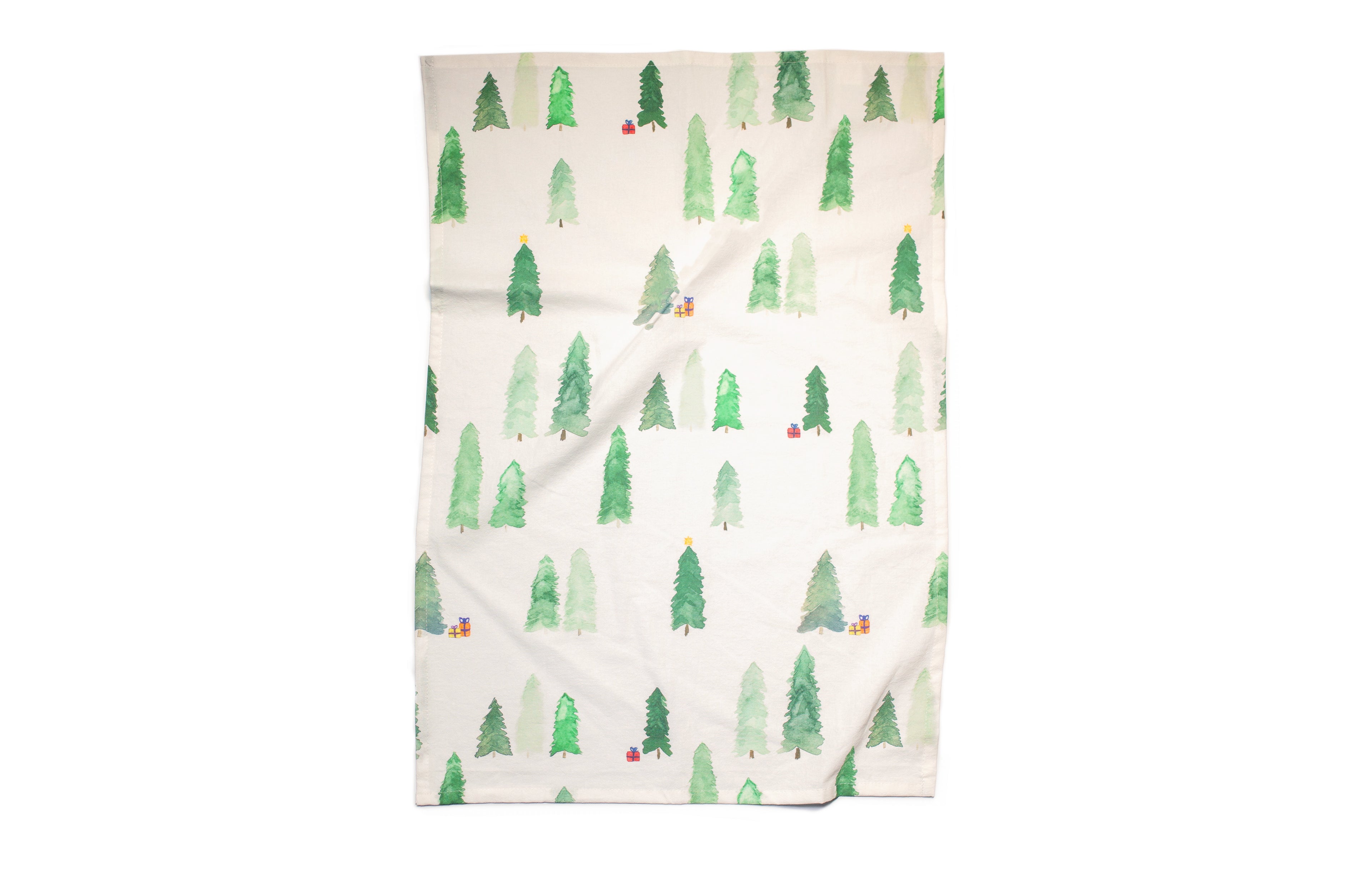 Fabric with green tree pattern on a white background