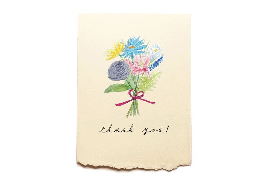 Card with a bouquet of flowers and 'thank you!' text on a beige background