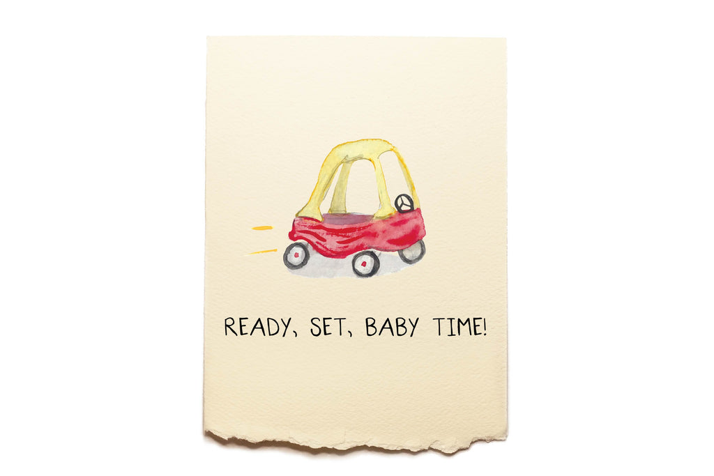 Note with a red toy car illustration and text 'Ready, Set, Baby Time!' on a beige background