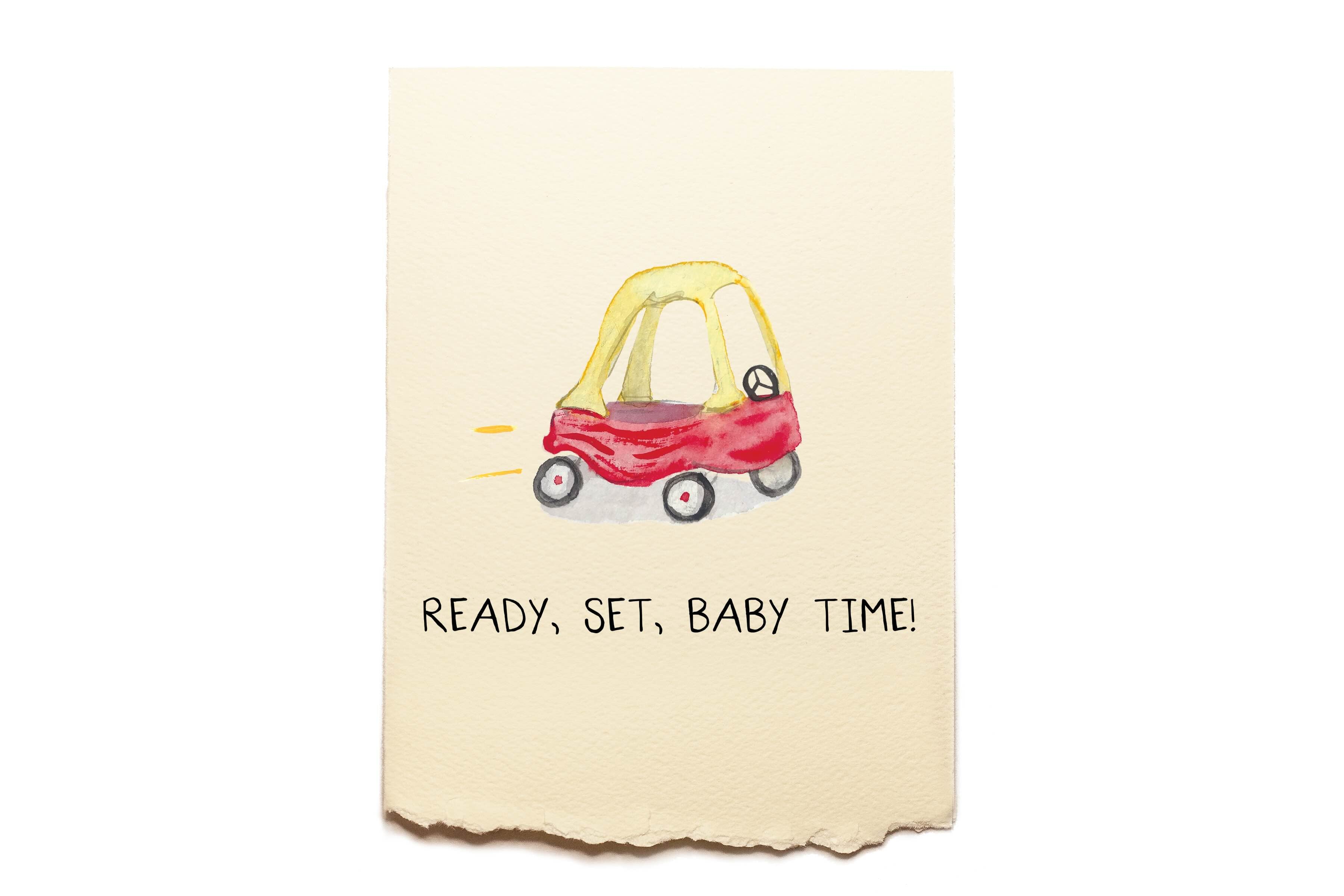 Note with a red toy car illustration and text 'Ready, Set, Baby Time!' on a beige background