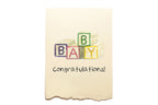 Baby shower card with colorful block letters spelling 'BABY' on a beige background