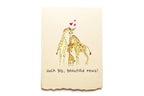 Card with two giraffes hugging and hearts above, text 'such big, beautiful news!' on a beige background