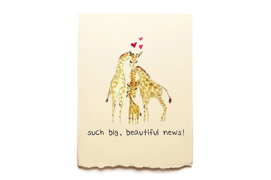 Card with two giraffes hugging and hearts above, text 'such big, beautiful news!' on a beige background