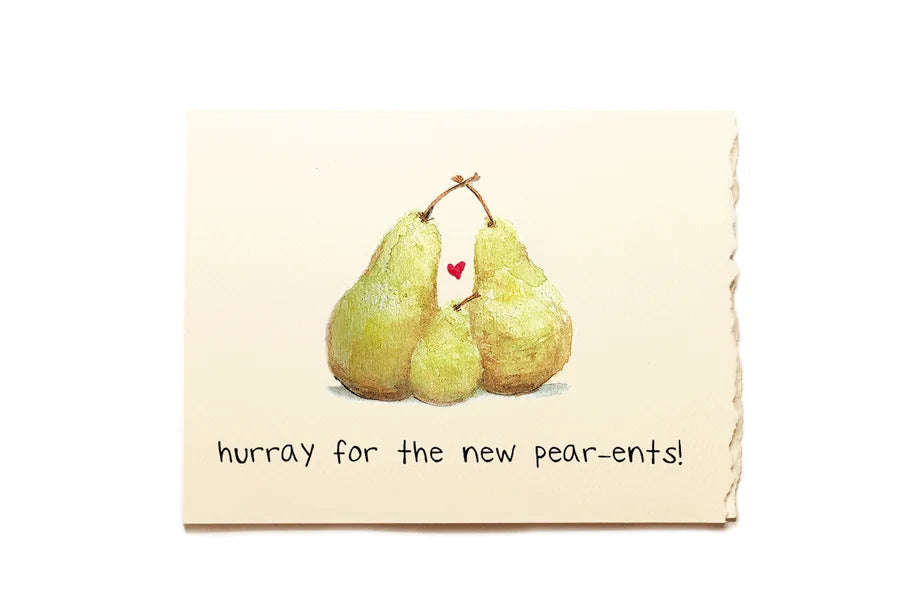 Card with pears and text 'hurray for the new pear-ents!' on a beige background