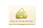 Card with pears and text 'hurray for the new pear-ents!' on a beige background