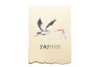 Stork carrying a baby with 'YAY!!!!!!' text on a beige background