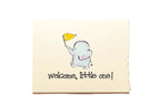 Card with an illustration of a baby elephant holding a yellow flag and the text 'Welcome, little one!' on a beige background.