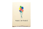 Birthday card with colorful balloons and 'happy birthday!' text on a beige background