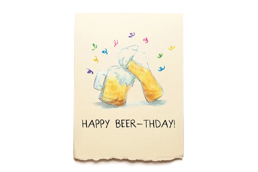 Greeting card with beer illustration and 'Happy Beer-thday!' text on a beige background