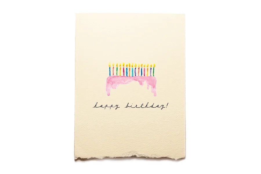 Beige birthday card with a cake illustration and 'happy birthday!' text on a white background