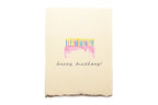 Beige birthday card with a cake illustration and 'happy birthday!' text on a white background