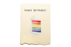 Birthday card with a colorful cake illustration and 'happy birthday!' text on a beige background