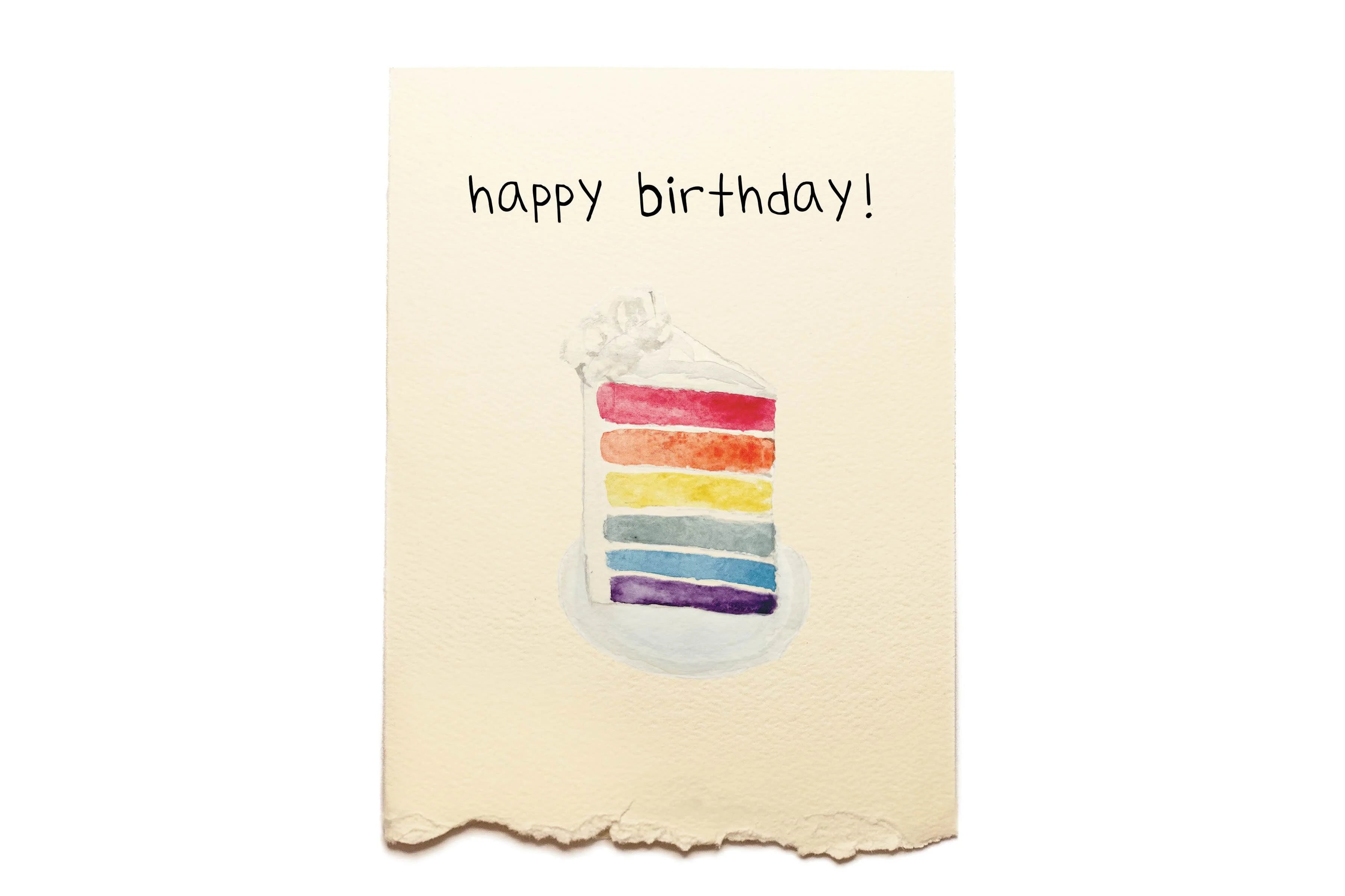 Birthday card with a colorful cake illustration and 'happy birthday!' text on a beige background