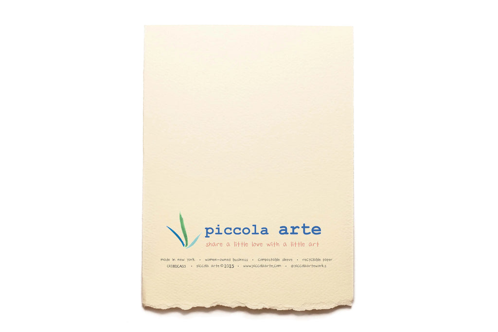 The back of a greeting card from piccola's arte.