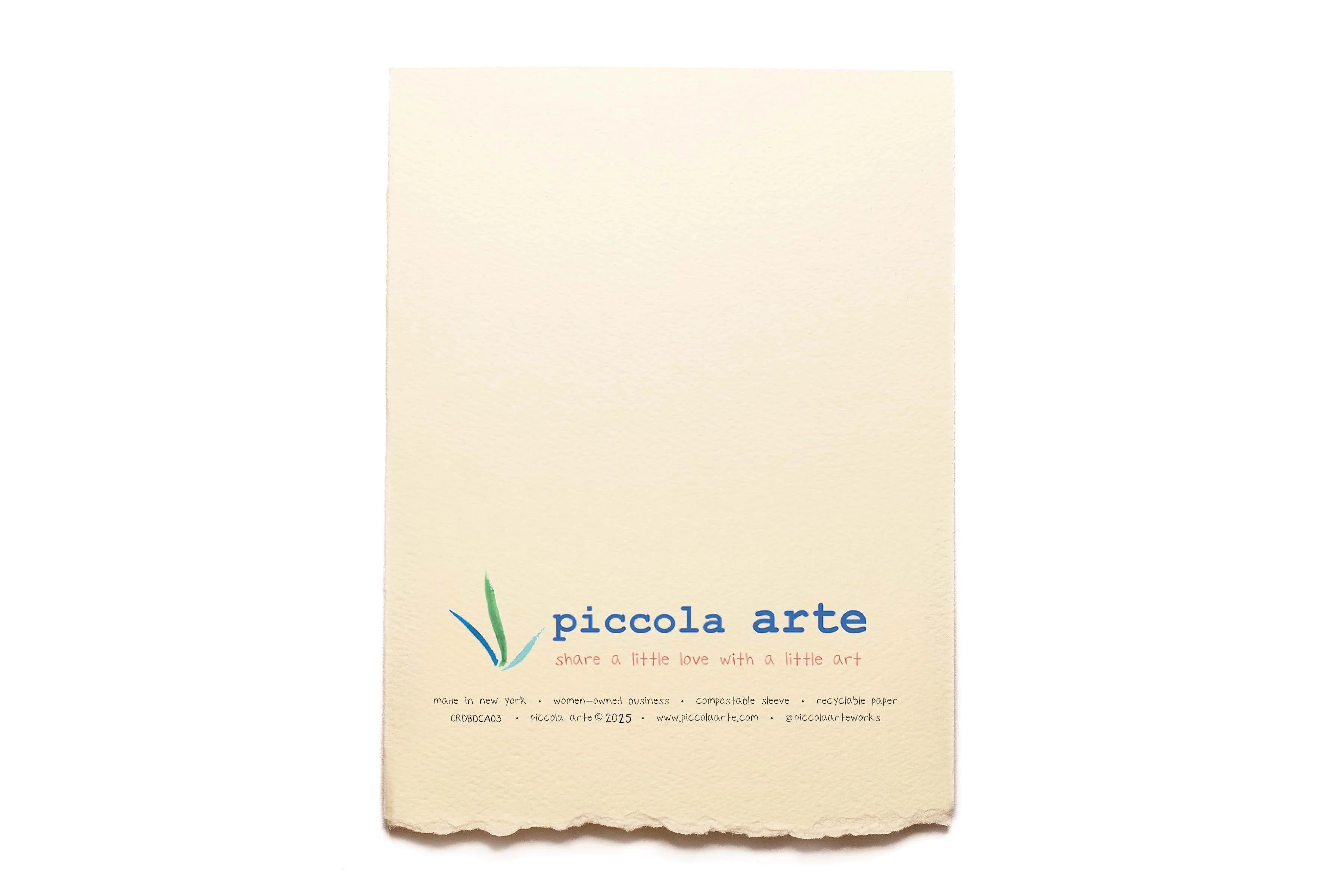 The back of a greeting card from piccola's arte.