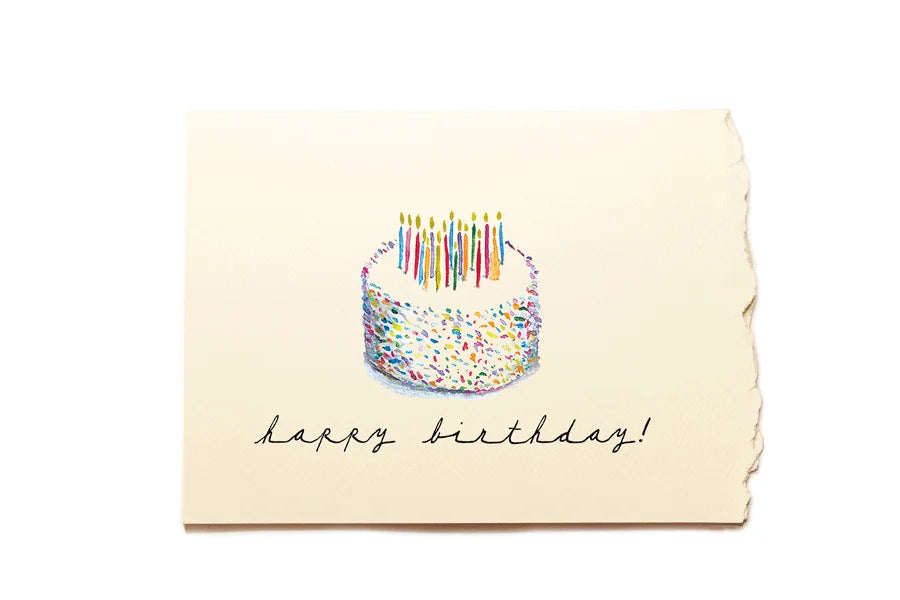 Birthday card with a cake illustration and 'Happy Birthday!' text on a beige background