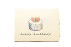 Birthday card with a cake illustration and 'Happy Birthday!' text on a beige background