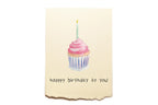 Greeting card with a cupcake illustration and 'happy birthday to you!' text on a beige background