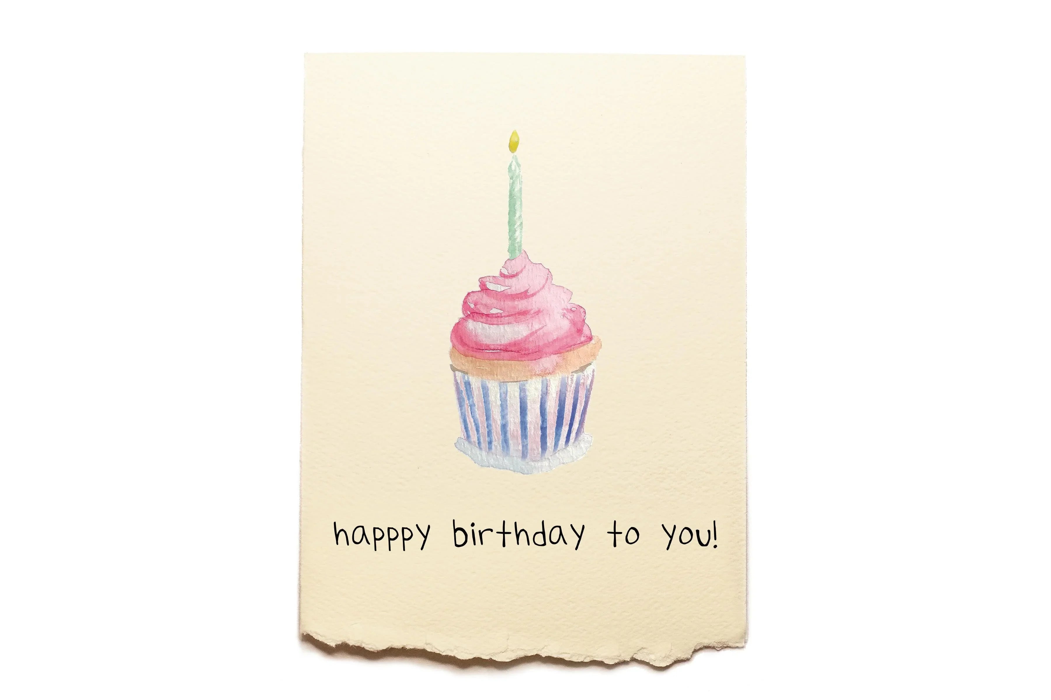 Greeting card with a cupcake illustration and 'happy birthday to you!' text on a beige background