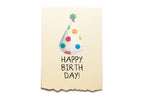 Birthday card with a colorful party hat and 'Happy Birthday!' text on a beige background