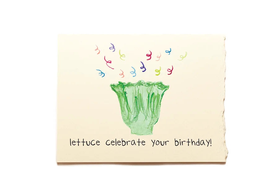 Card with a drawing of a head of lettuce and text 'lettuce celebrate your birthday!' on a beige background
