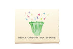 Card with a drawing of a head of lettuce and text 'lettuce celebrate your birthday!' on a beige background